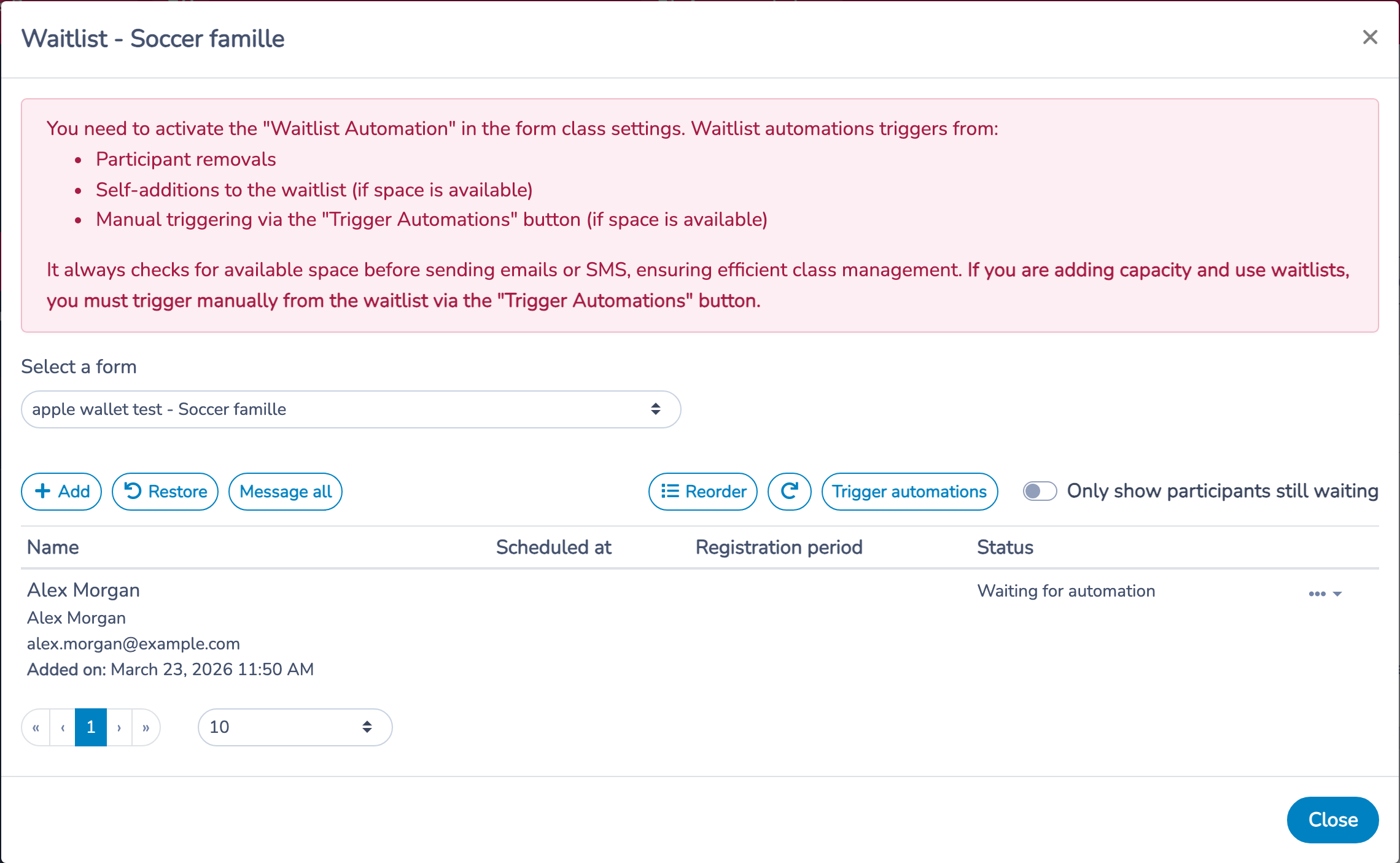 Class waitlist window with adding, restoration, reordering and automation controls