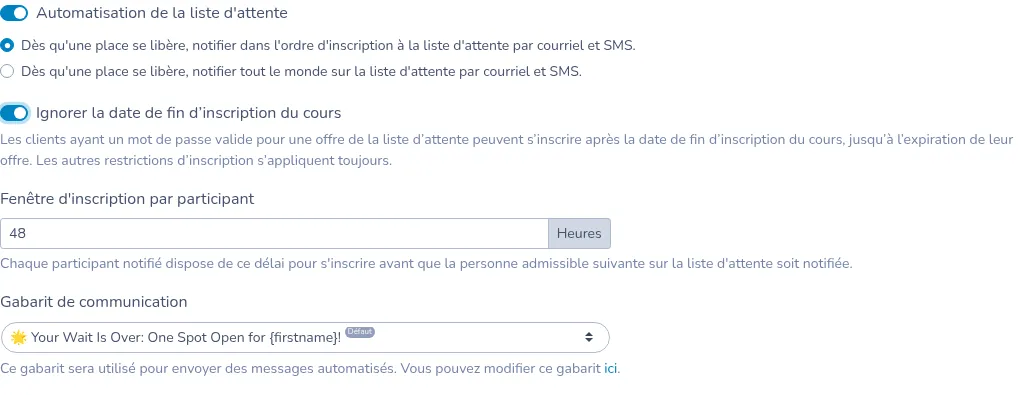 Automatisation de la liste d'attente avec Ignorer la date de fin d’inscription du cours activé