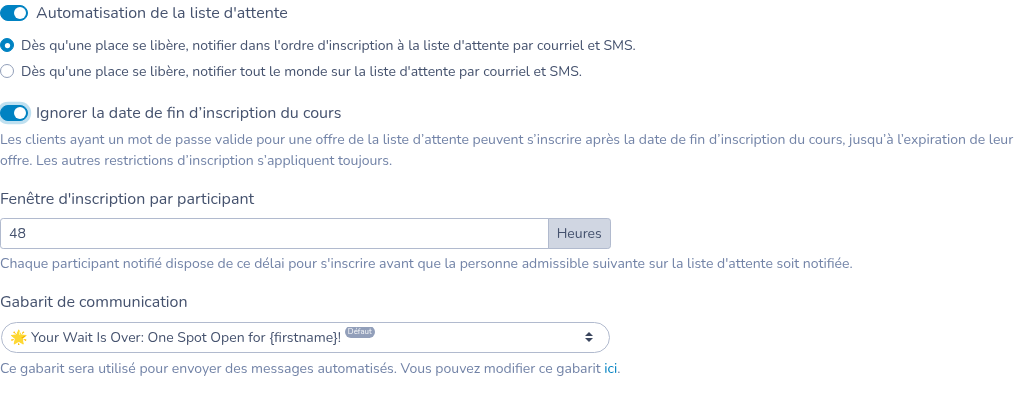 Automatisation de la liste d'attente avec Ignorer la date de fin d’inscription du cours activé
