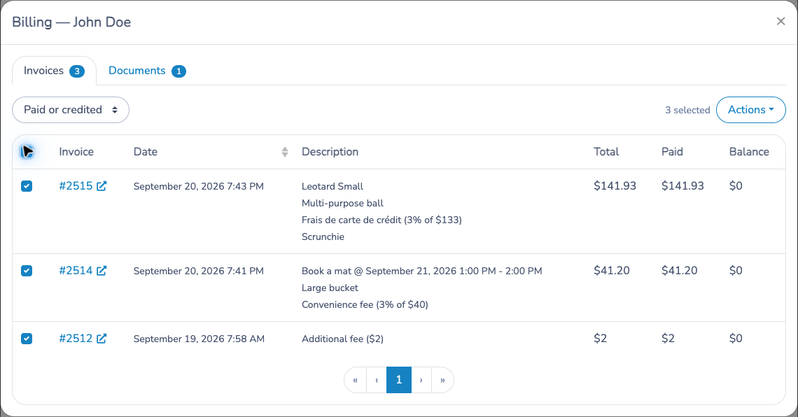 Billing Invoices tab with three paid invoices selected and the Actions menu available