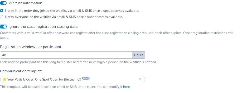 Waitlist automation with Ignore the class registration closing date turned on