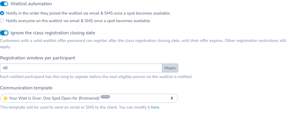 Waitlist automation with Ignore the class registration closing date turned on