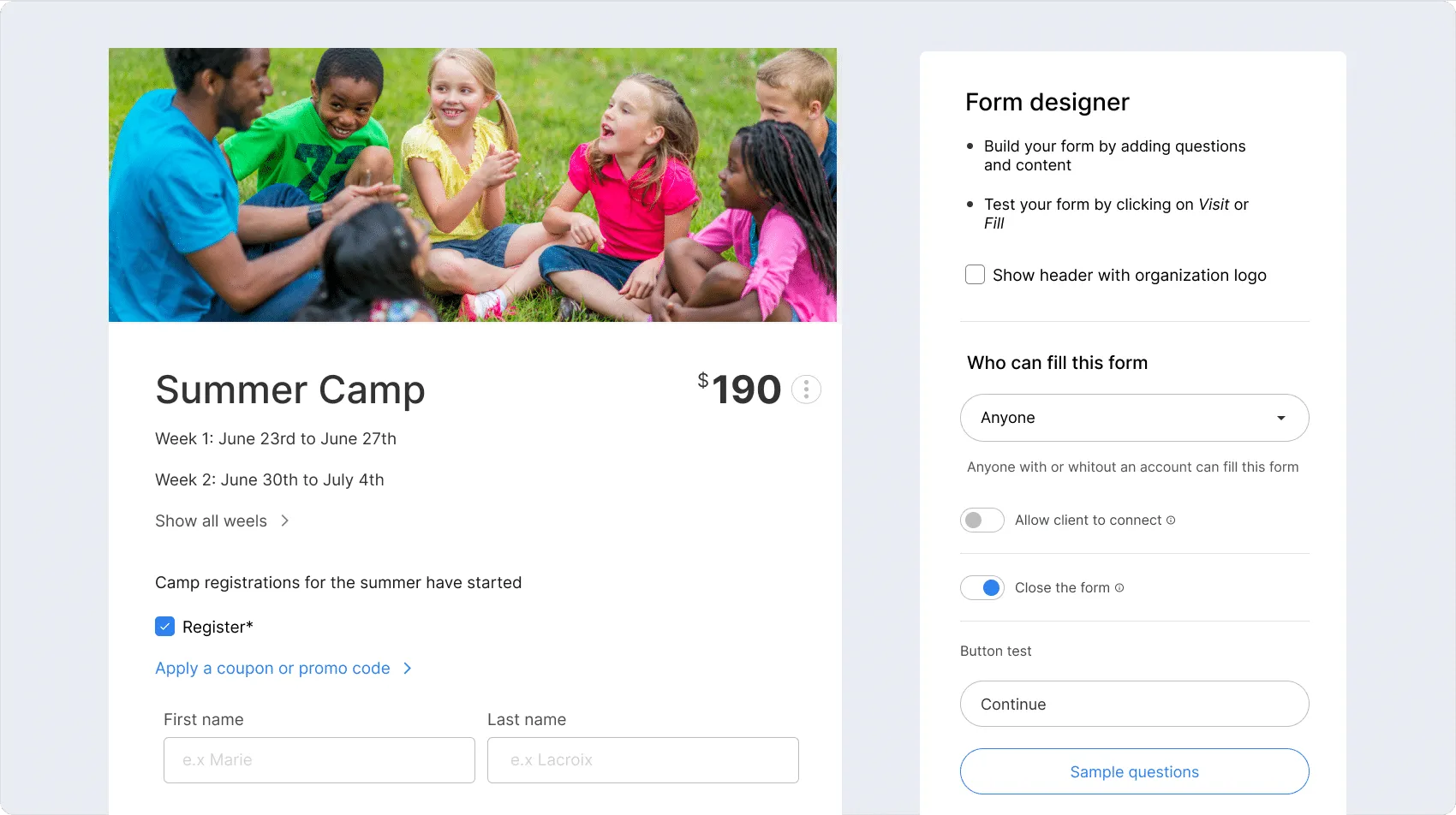 Registration forms for camps private schools