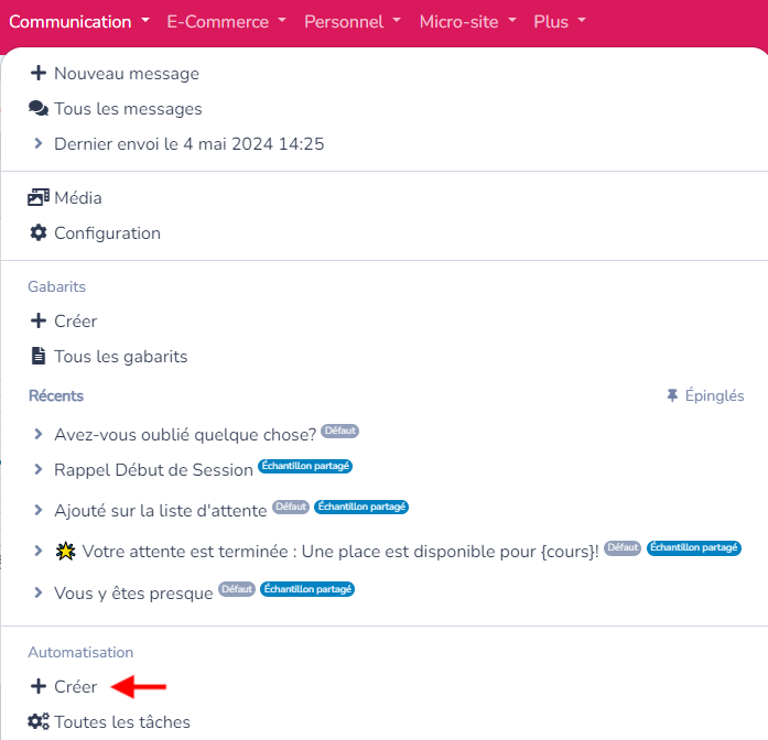 Automatiser les messages de début et de fin d’activité — interface
