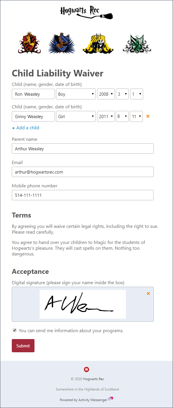 A waiver to capture consent and an electronic signature in Activity Messenger