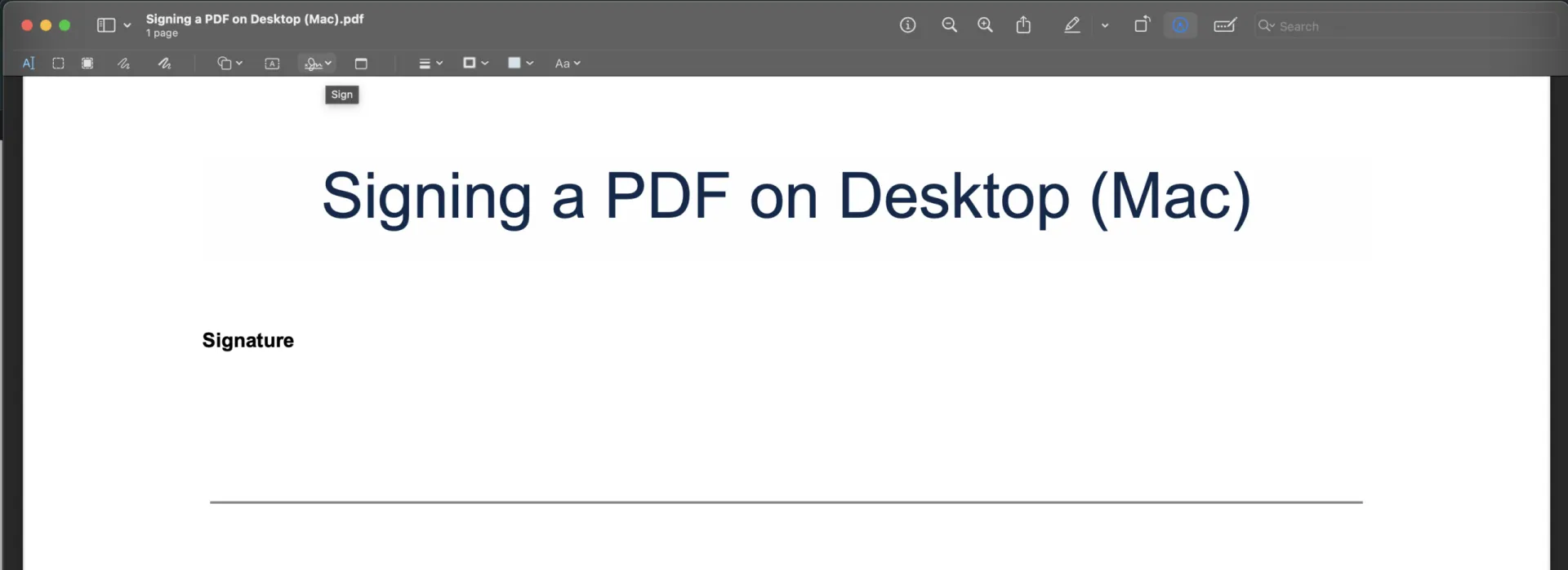 Selecting the signature tool in Preview on Mac