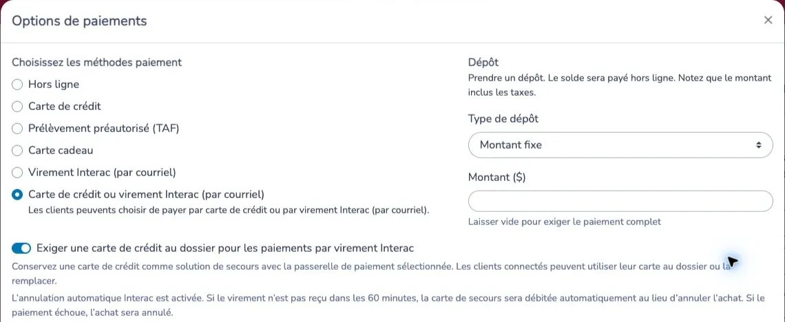 Options de paiements du formulaire avec la carte de secours obligatoire et l’explication du prélèvement automatique après 60 minutes