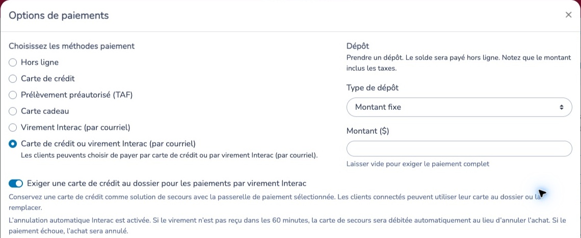 Options de paiements du formulaire avec la carte de secours obligatoire et l’explication du prélèvement automatique après 60 minutes
