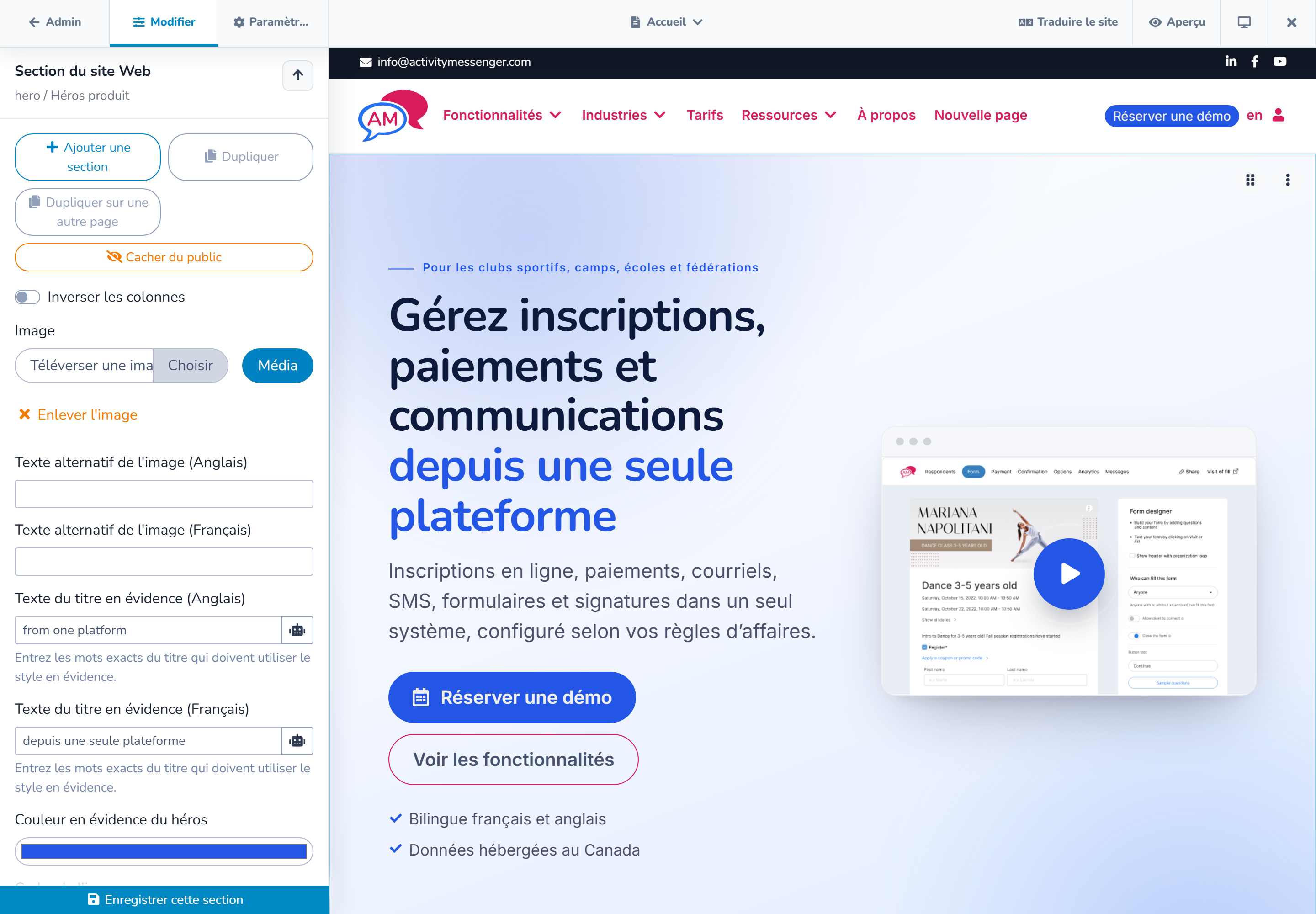 Inspecteur de section à côté de l'aperçu de la page