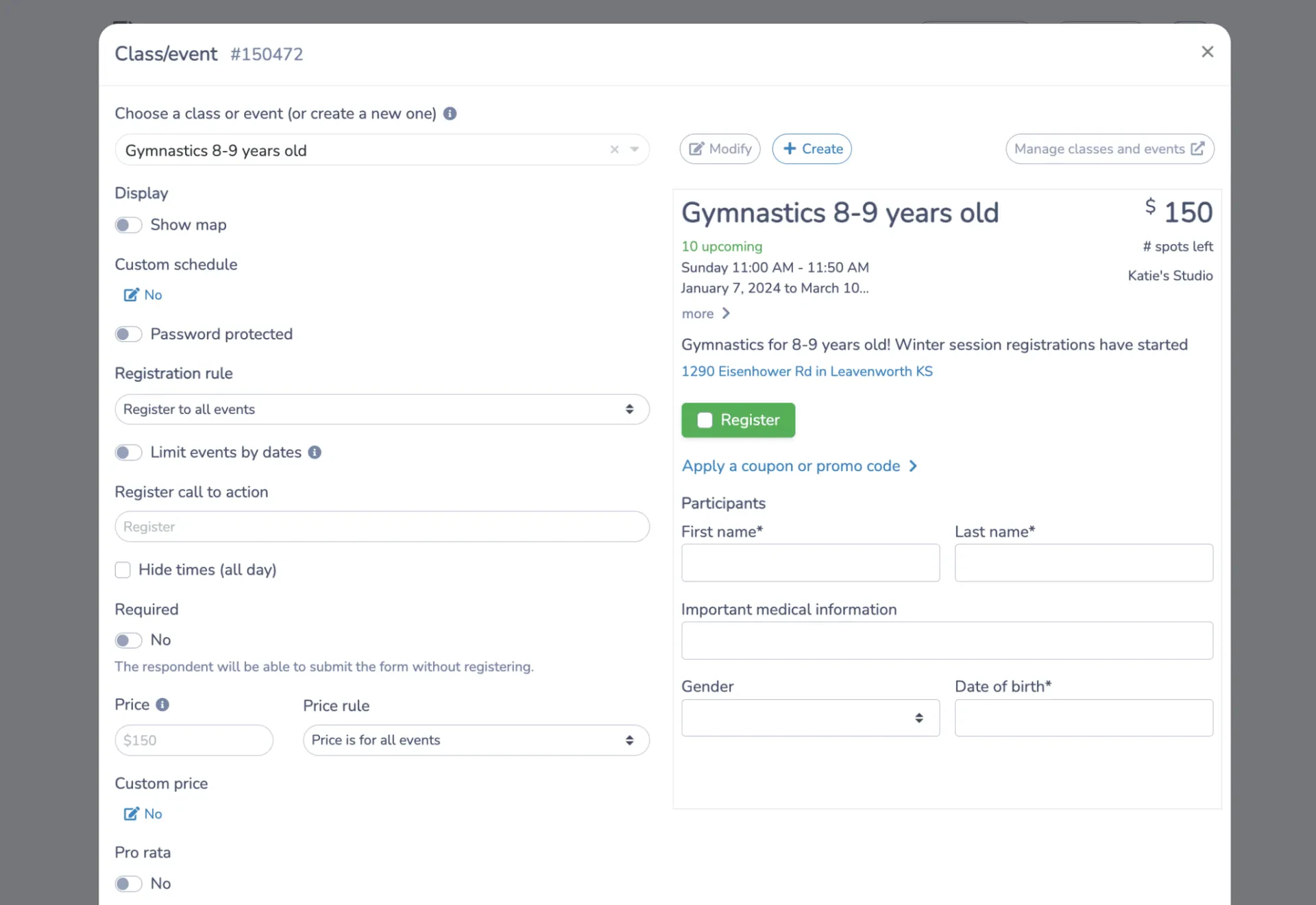 Create a class for gymnastics registration form