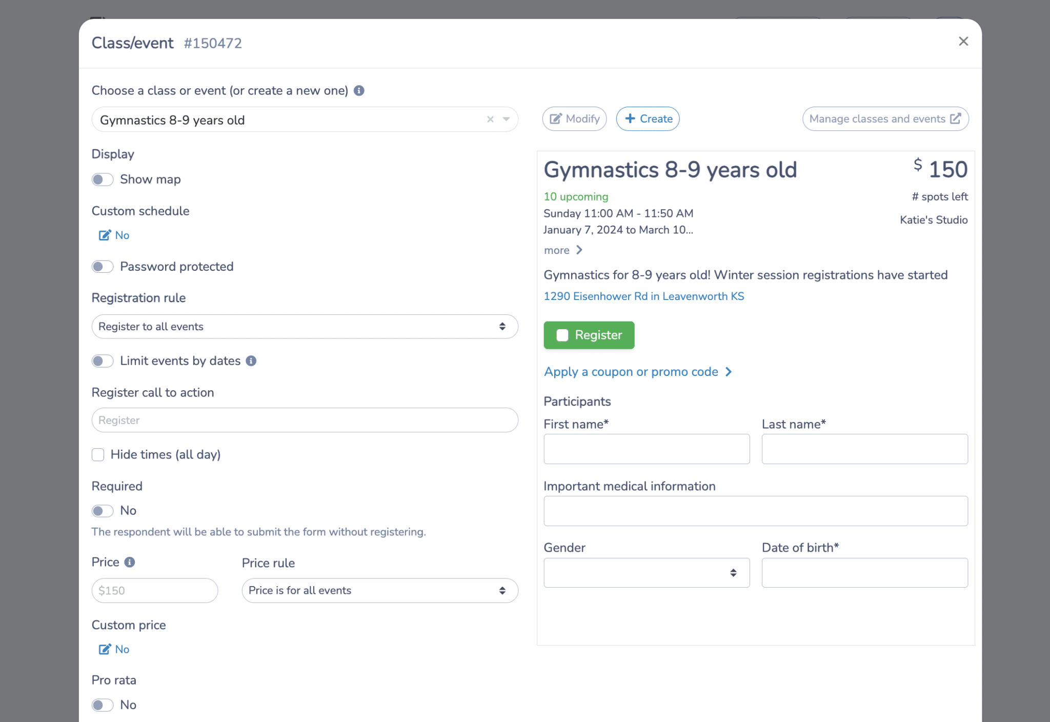 Create a class for gymnastics registration form