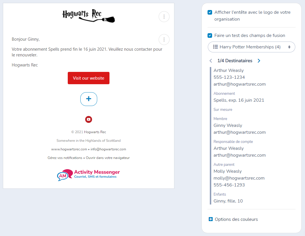 Faire un test de champs de fusion dans Activity Messenger