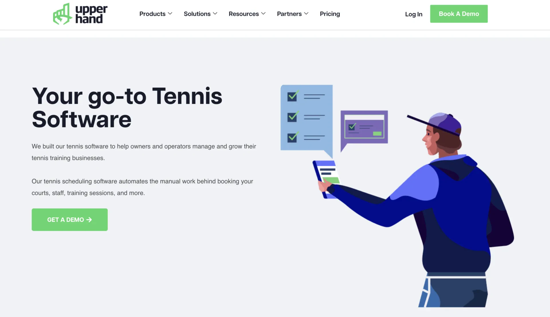 Upper Hand tennis club software landing page