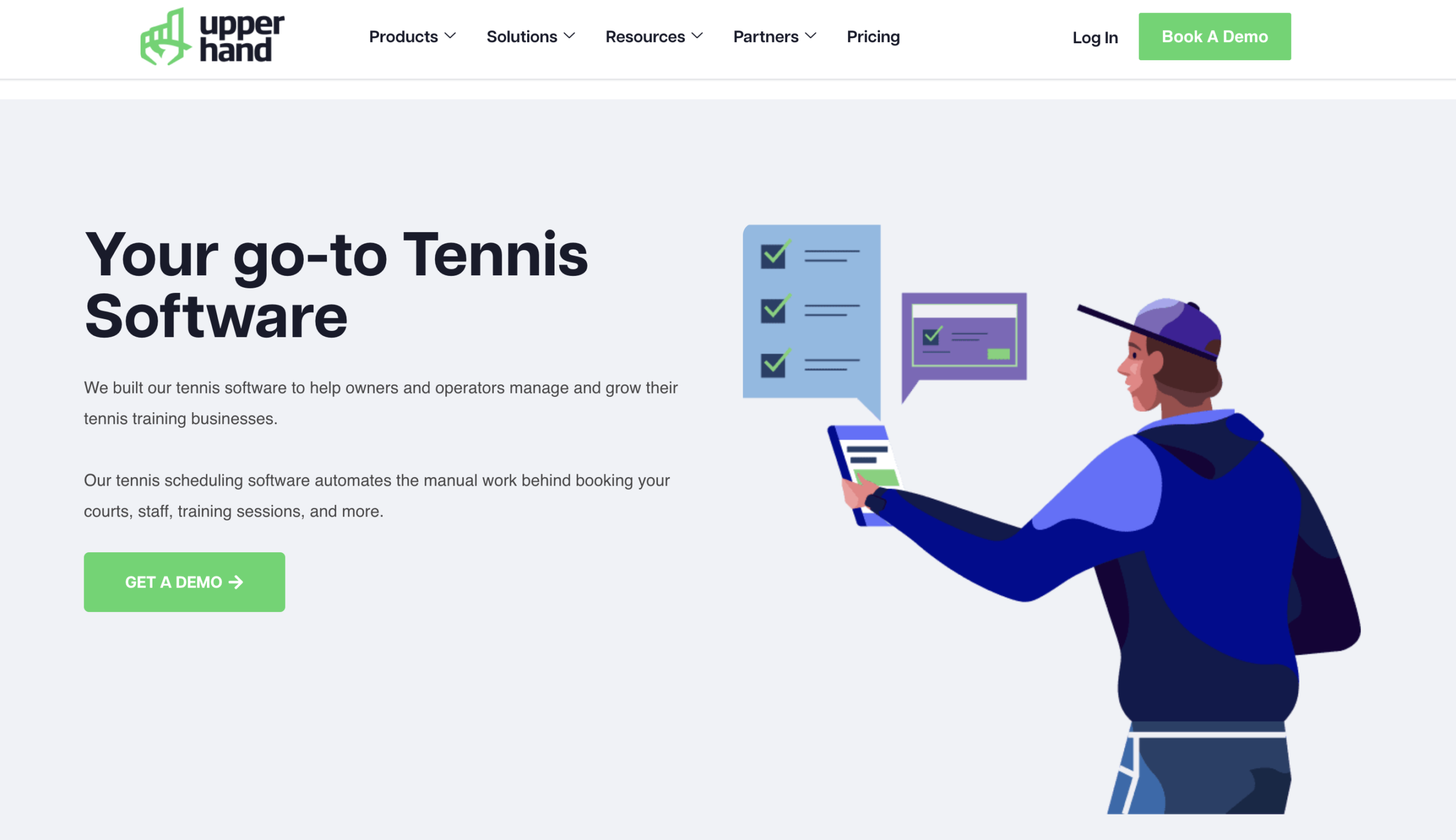 Upper Hand tennis club software landing page