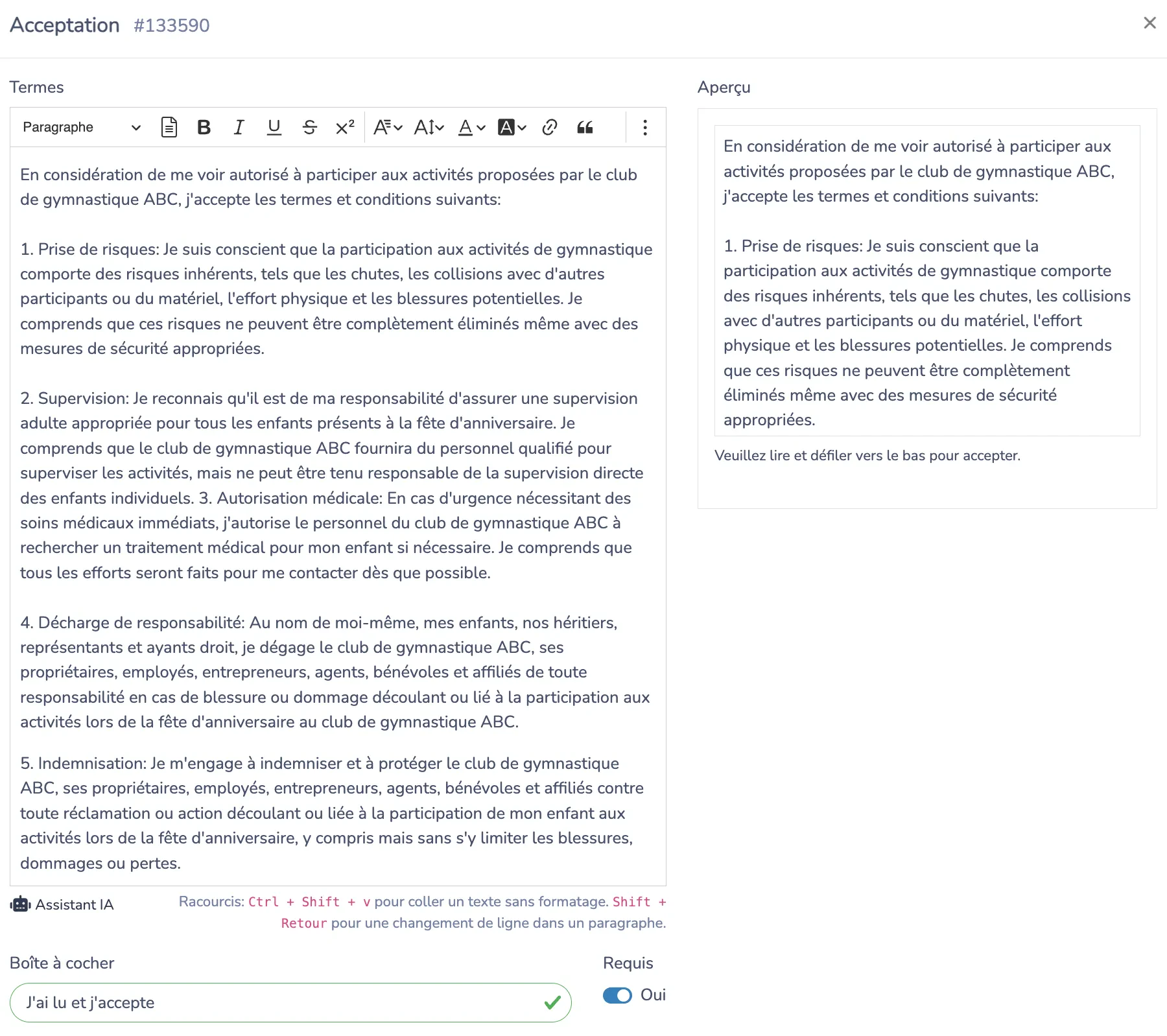 modifier les termes et conditions de votre formulaire
