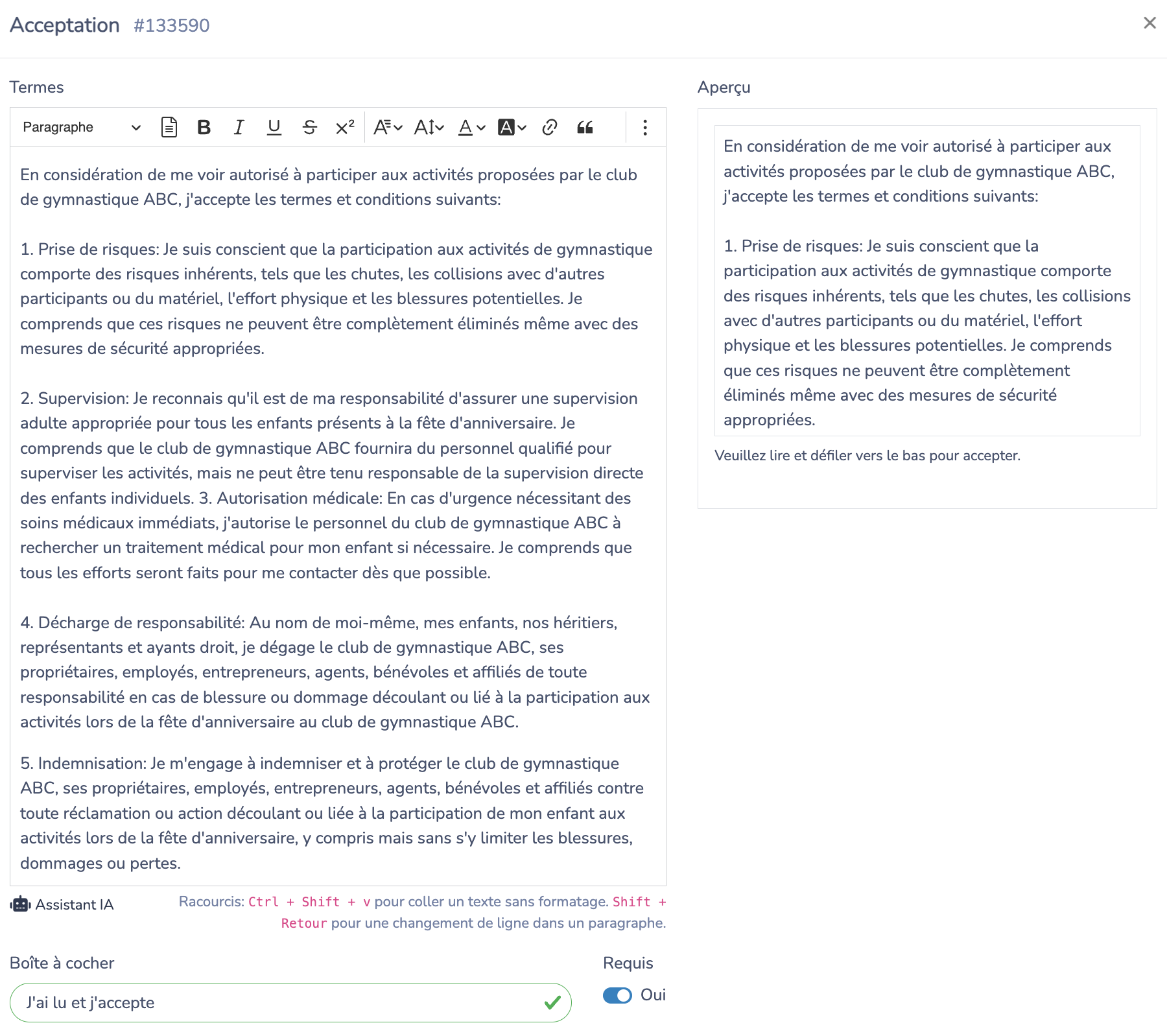 modifier les termes et conditions de votre formulaire
