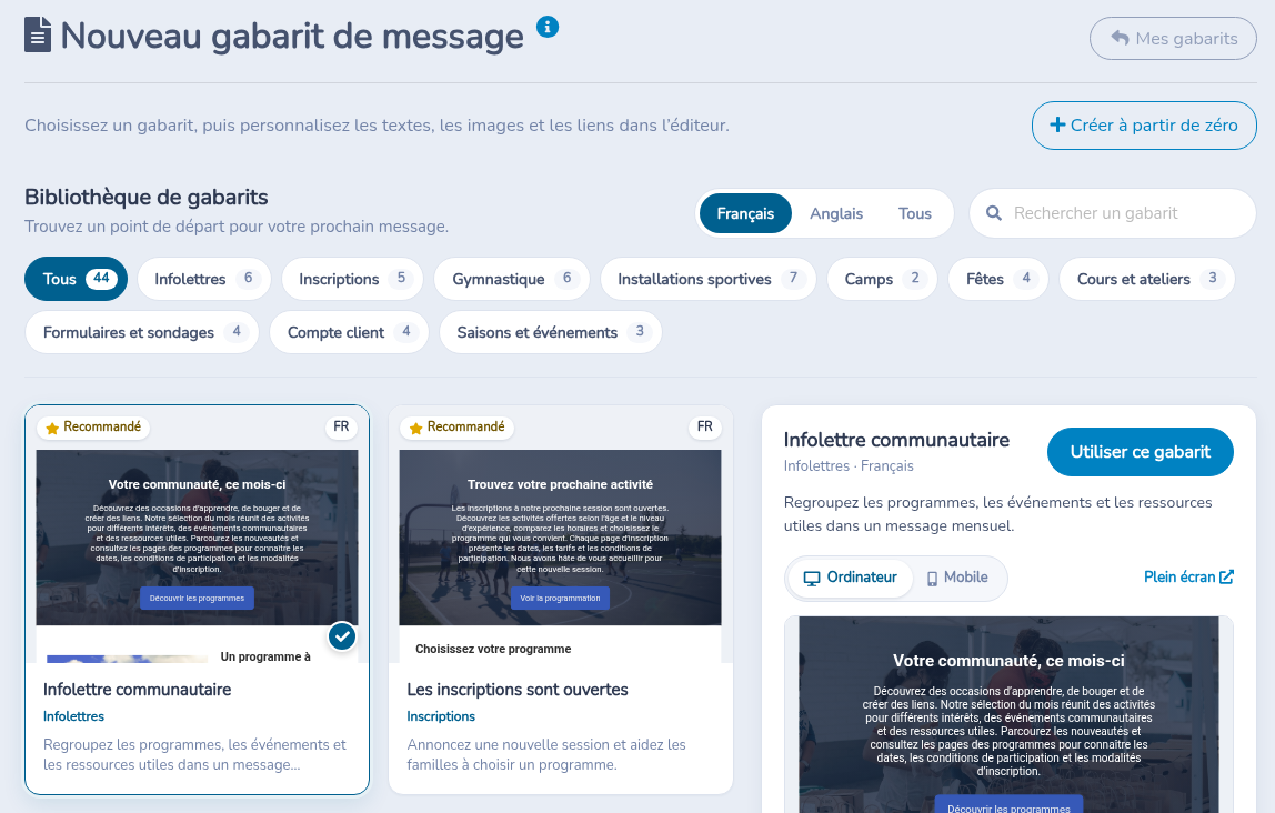 Nouveau gabarit de message, avec Créer à partir de zéro et l’exemple Infolettre communautaire marqué Recommandé
