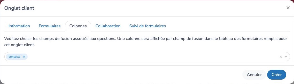 Sélectionner les champs de fusion à afficher dans les colonnes
