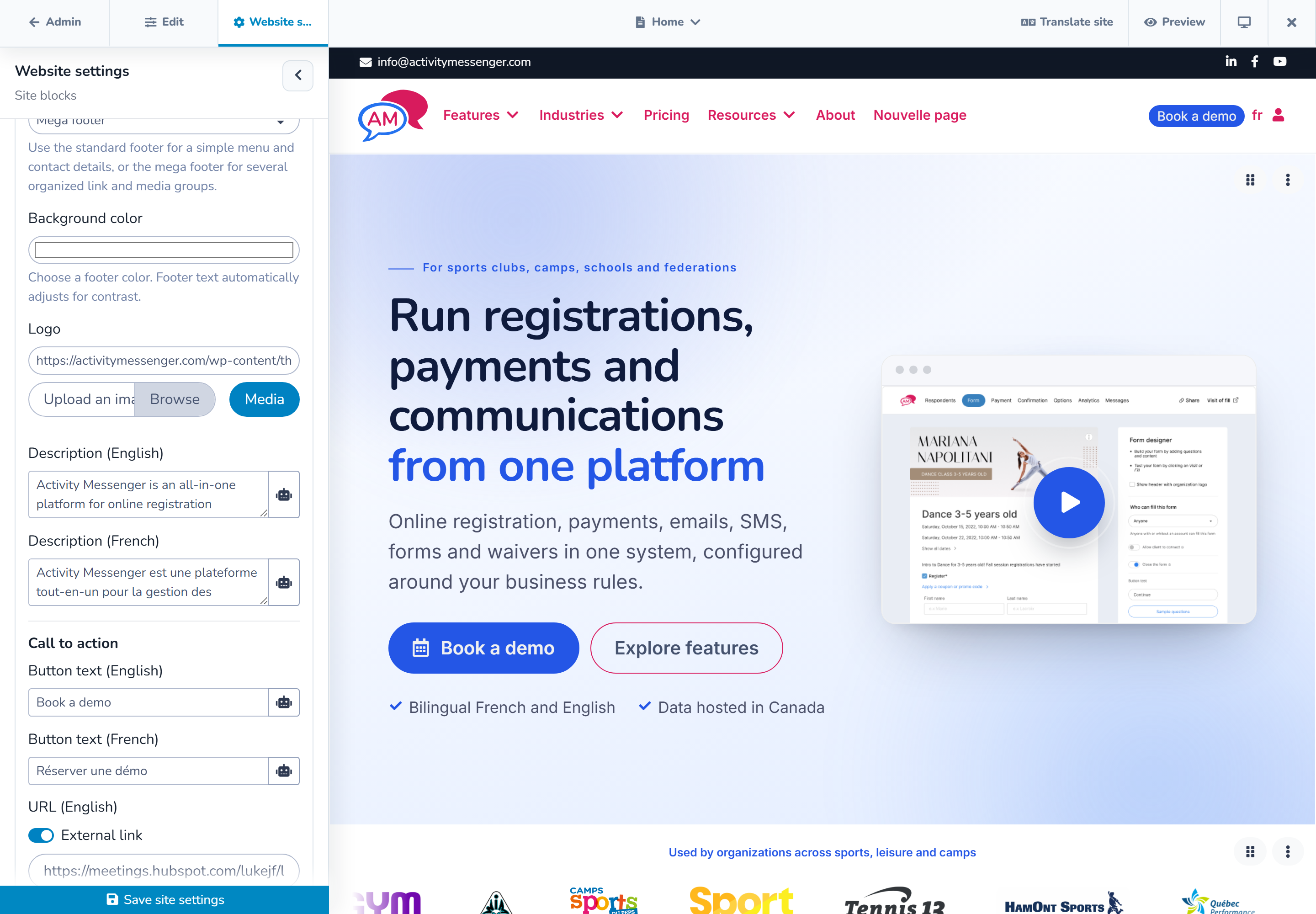 Footer settings for branding, descriptions, calls to action, and links