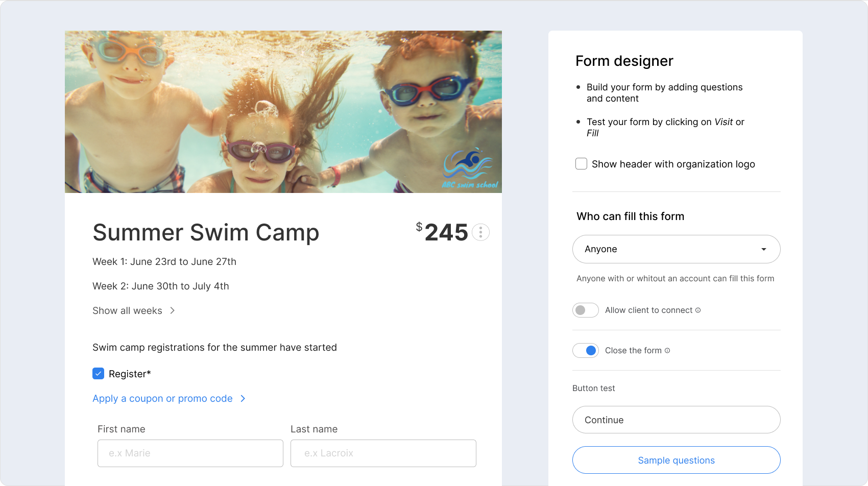 swim school registration form for camp