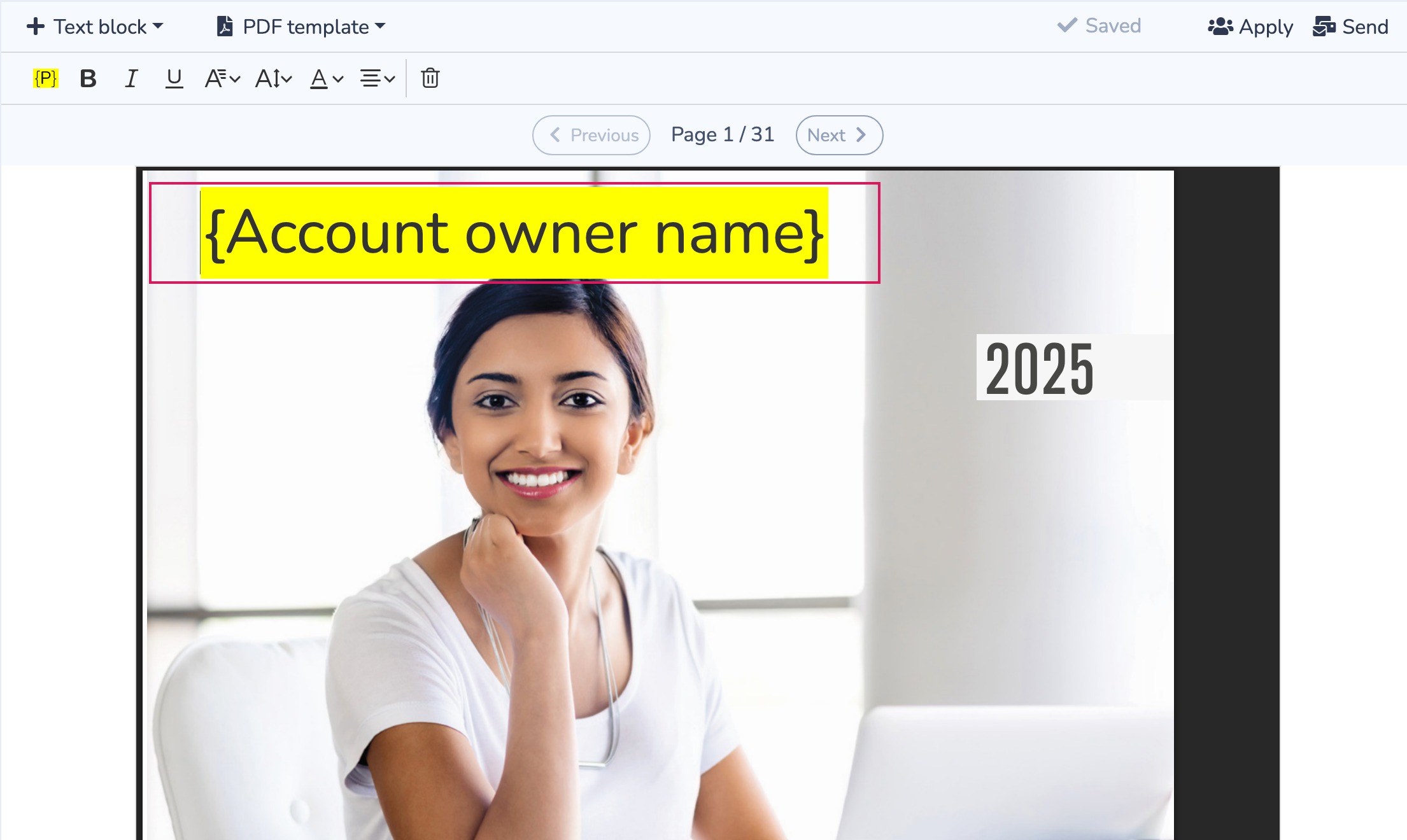 Navigate the pages and position a placeholder in the multi-page PDF editor