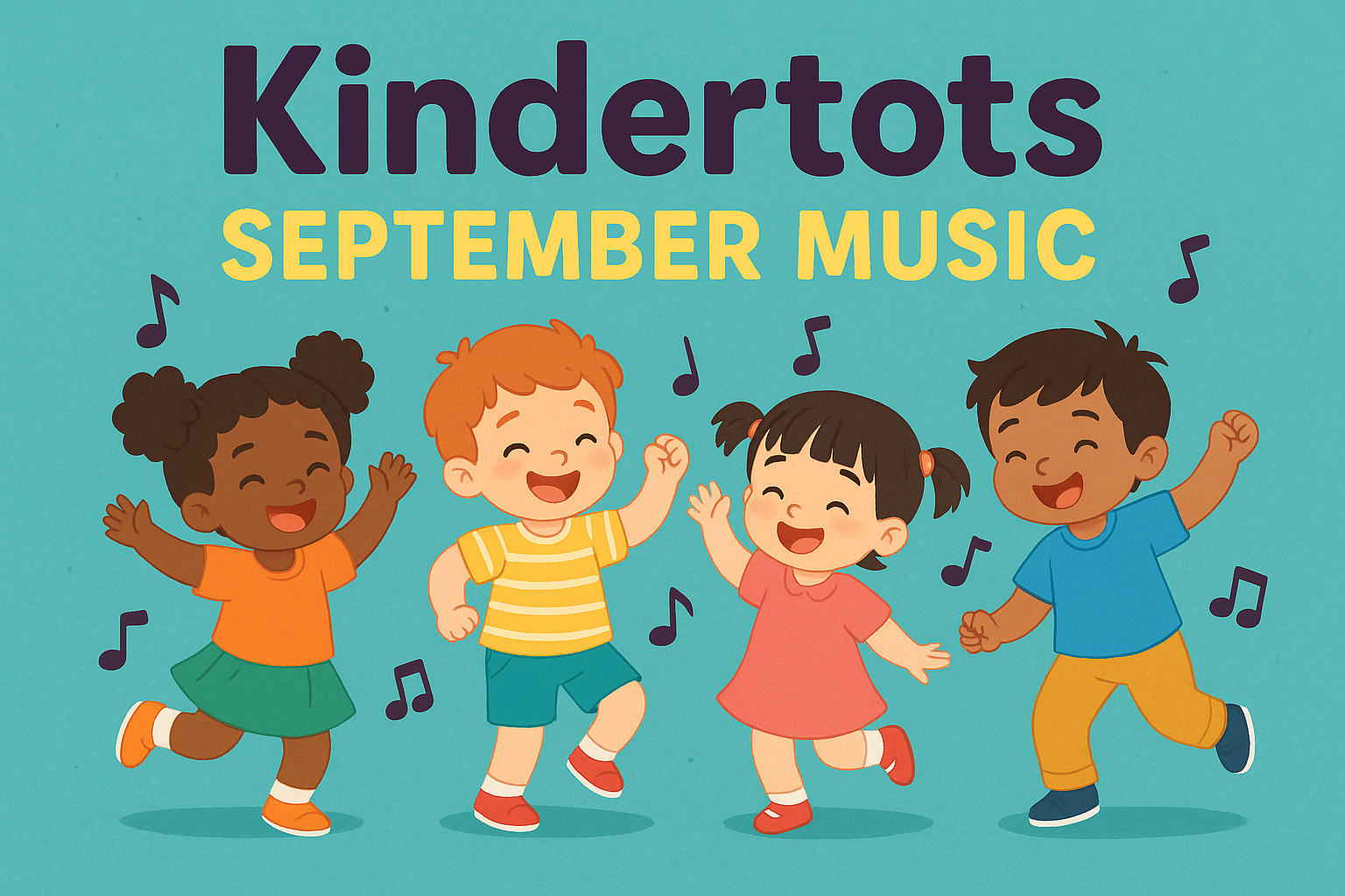 Toddler Friends Dancing with text: "Kindertots September Music"