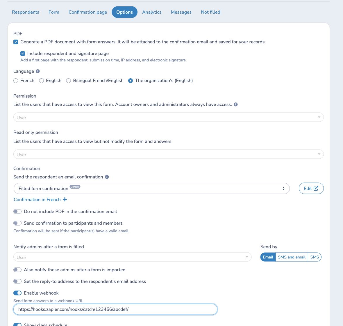 Enable the outgoing webhook in the form's Options and Confirmation settings