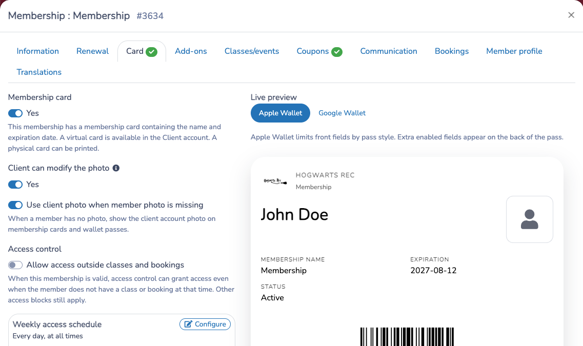 Preview a non-expiring membership card and configure access behavior