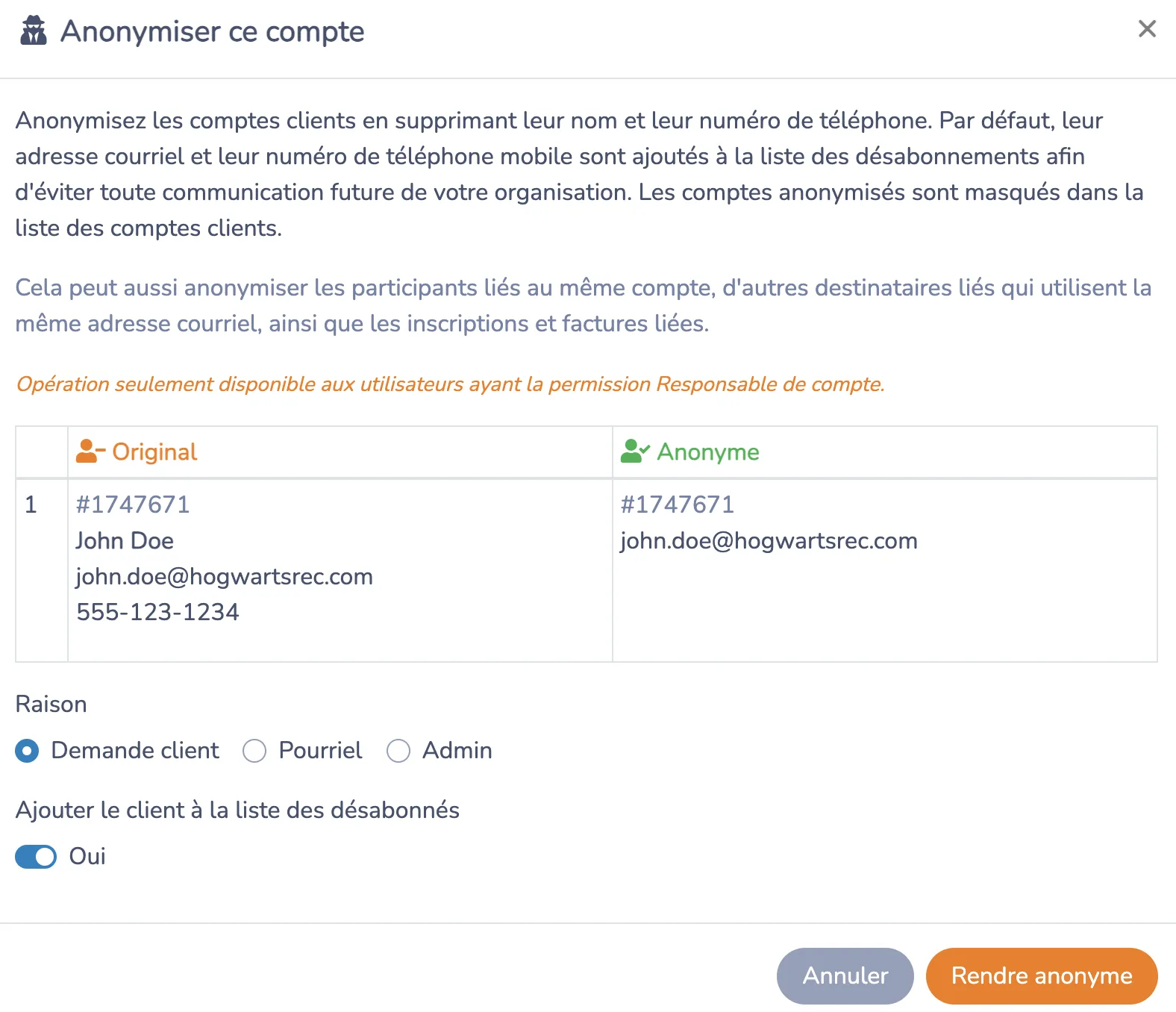 Anonymiser un compte client