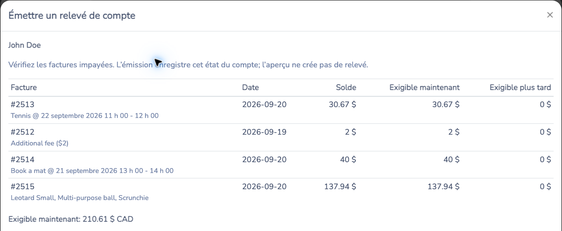 Aperçu du relevé avec quatre factures et un montant dû de 210,61 $ CAD