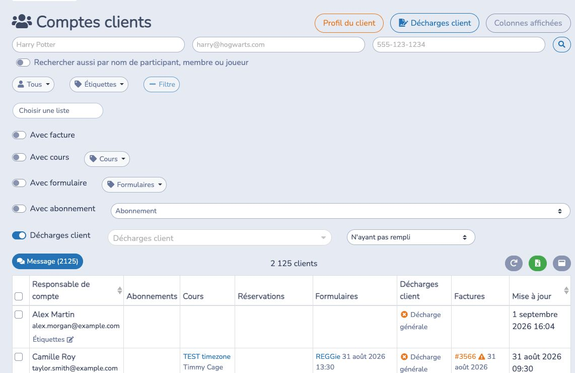 Filtrer les clients selon l'état des décharges et afficher les décharges dans la table