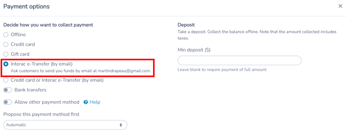 Adding Interac e-Transfer to a registration form — screenshot