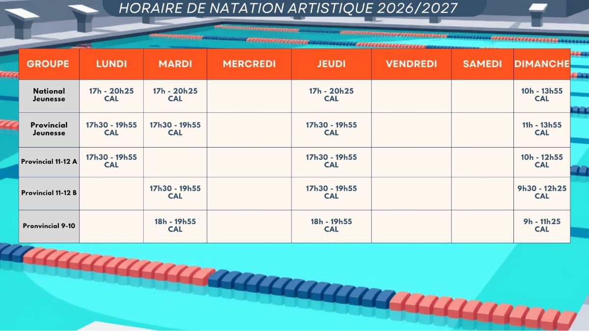 Horaire de cours Nage Artistique
