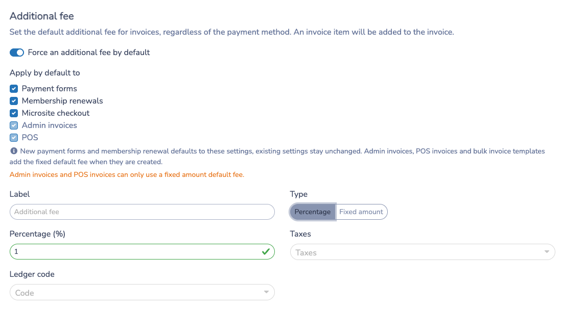 Admin invoices and POS require a fixed amount default fee
