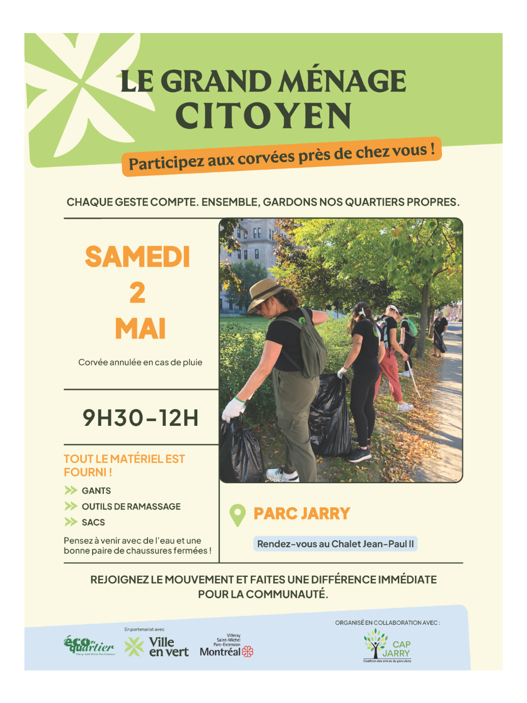 Corvée: samedi 2 mai, 9h30-12h, matériel fourni.
