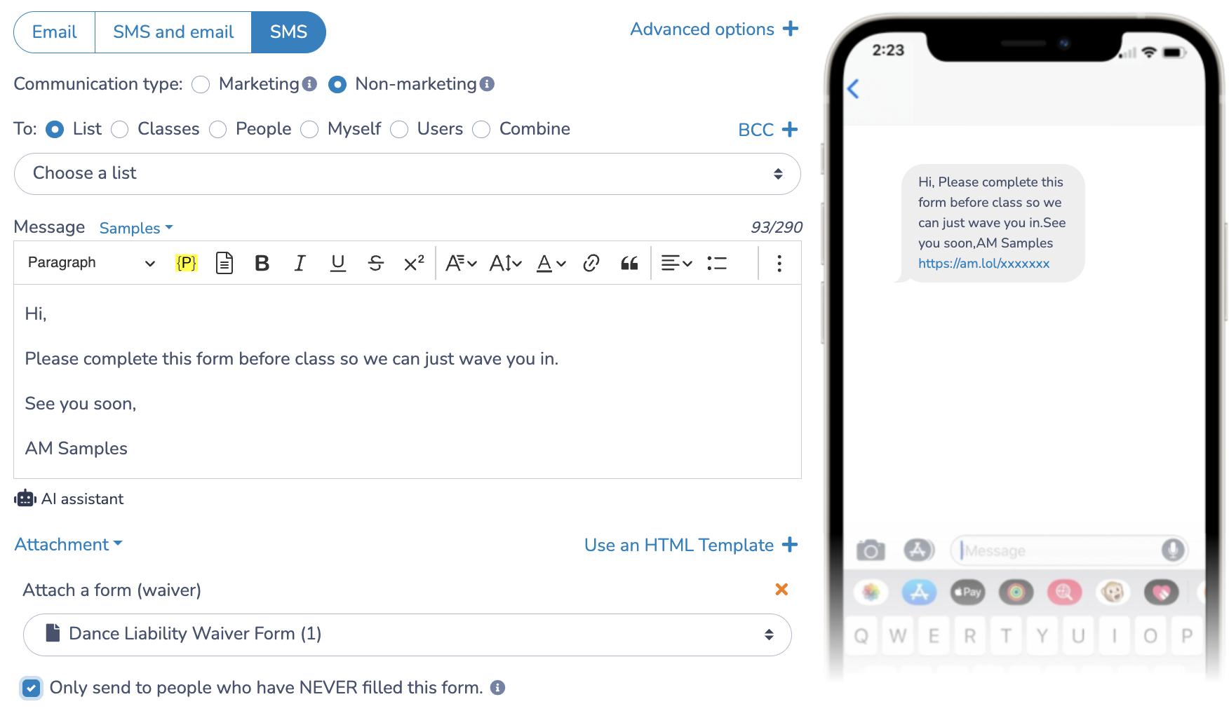 How to send dance liability waivers by sms