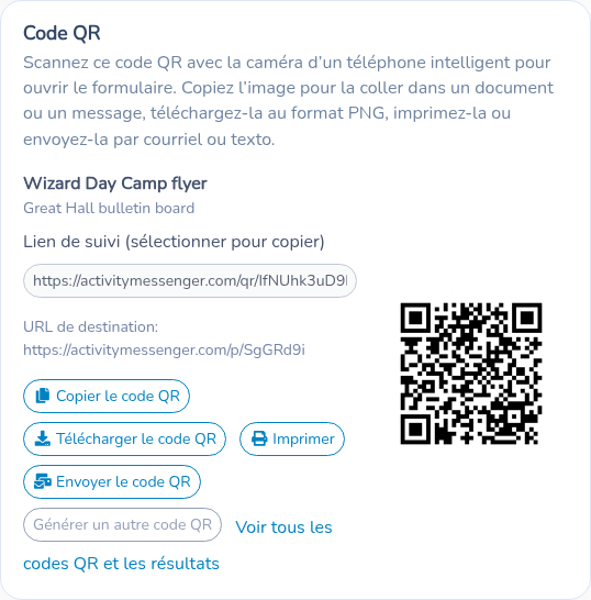 Partager le formulaire avec Copier le code QR, Télécharger le code QR, Imprimer et Envoyer le code QR