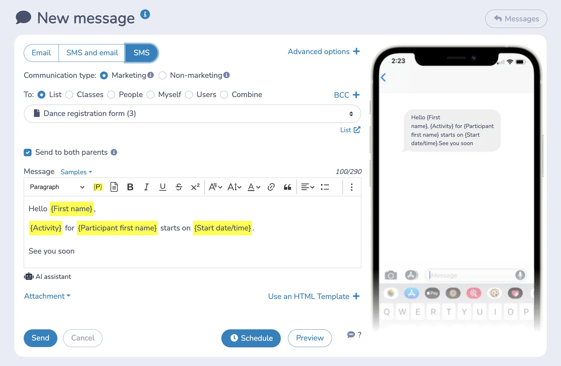 How to send bulk/SMS to your dance students