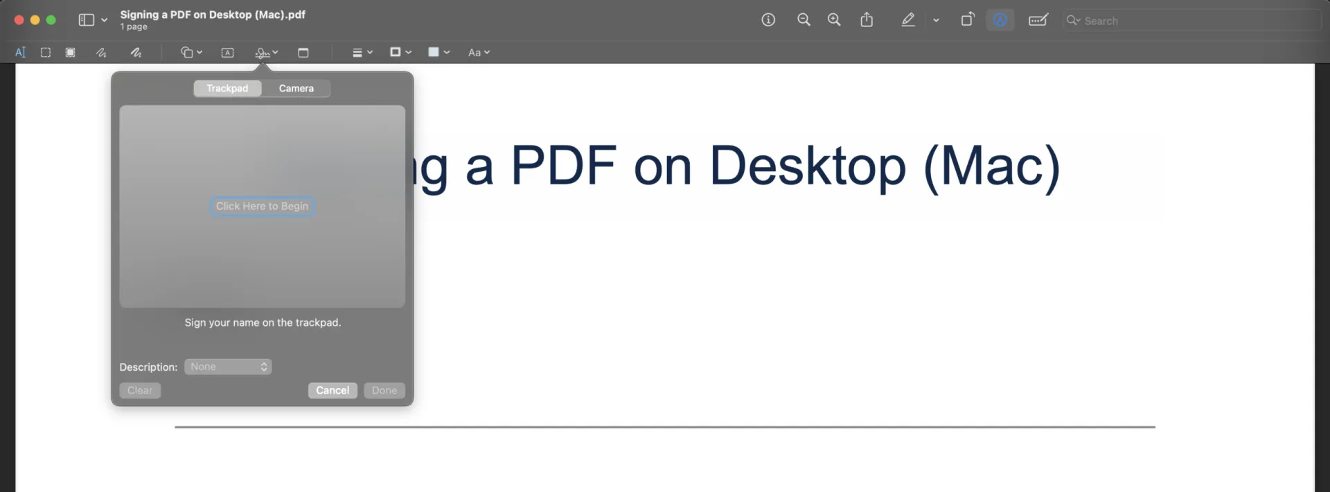 Choosing to draw or take a photo of your signature in Preview on Mac