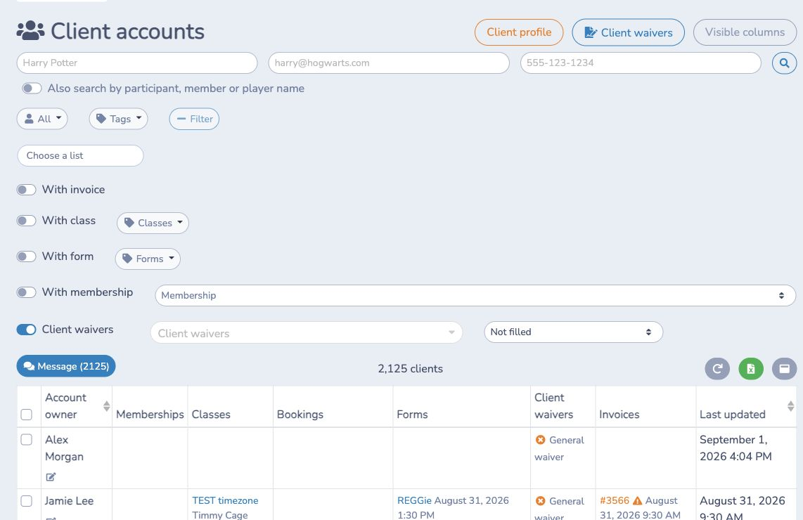 Filter clients by waiver status and show waiver completion in the table