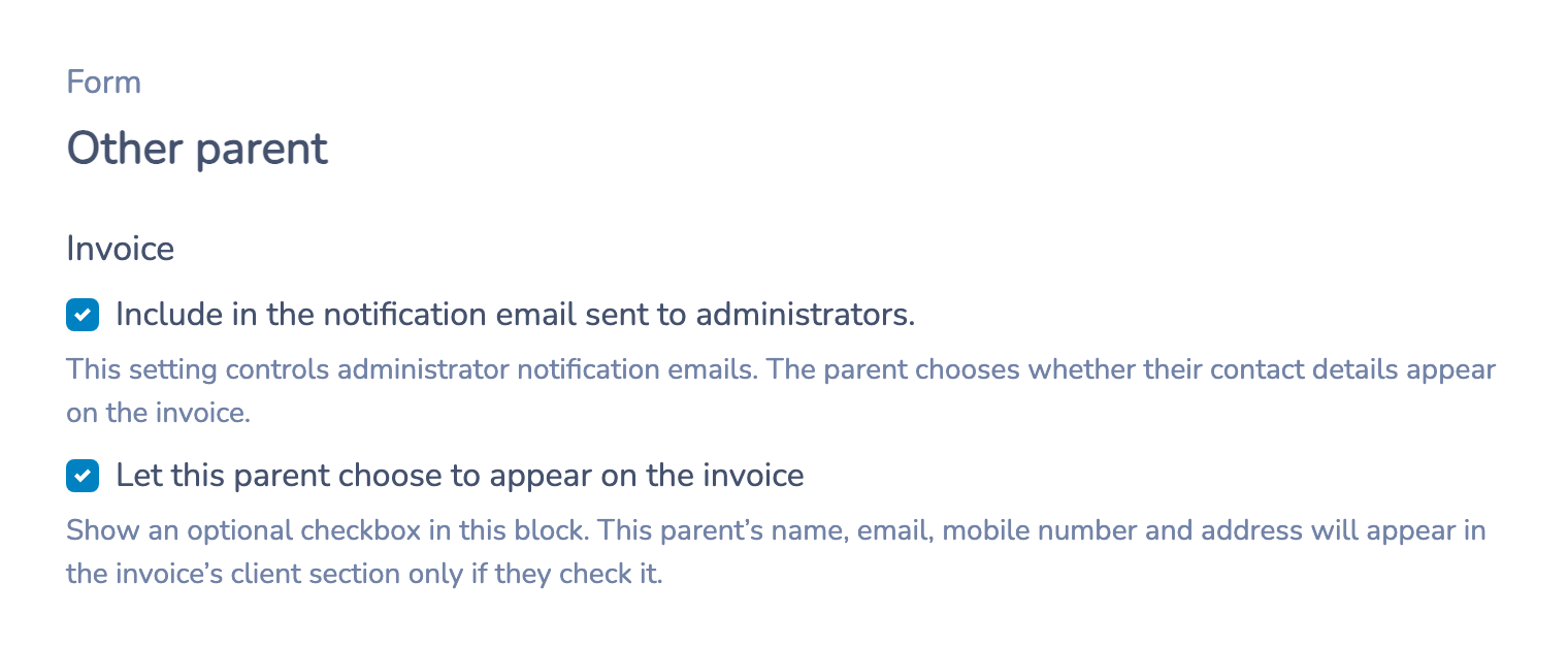 Enable the parent’s invoice choice in the Other parent block