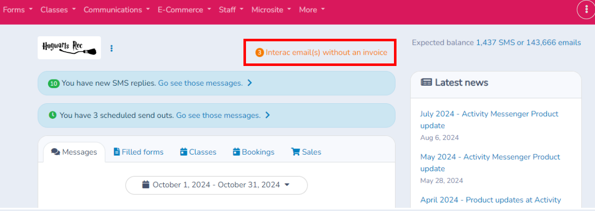 Email Interac without an invoice — screenshot