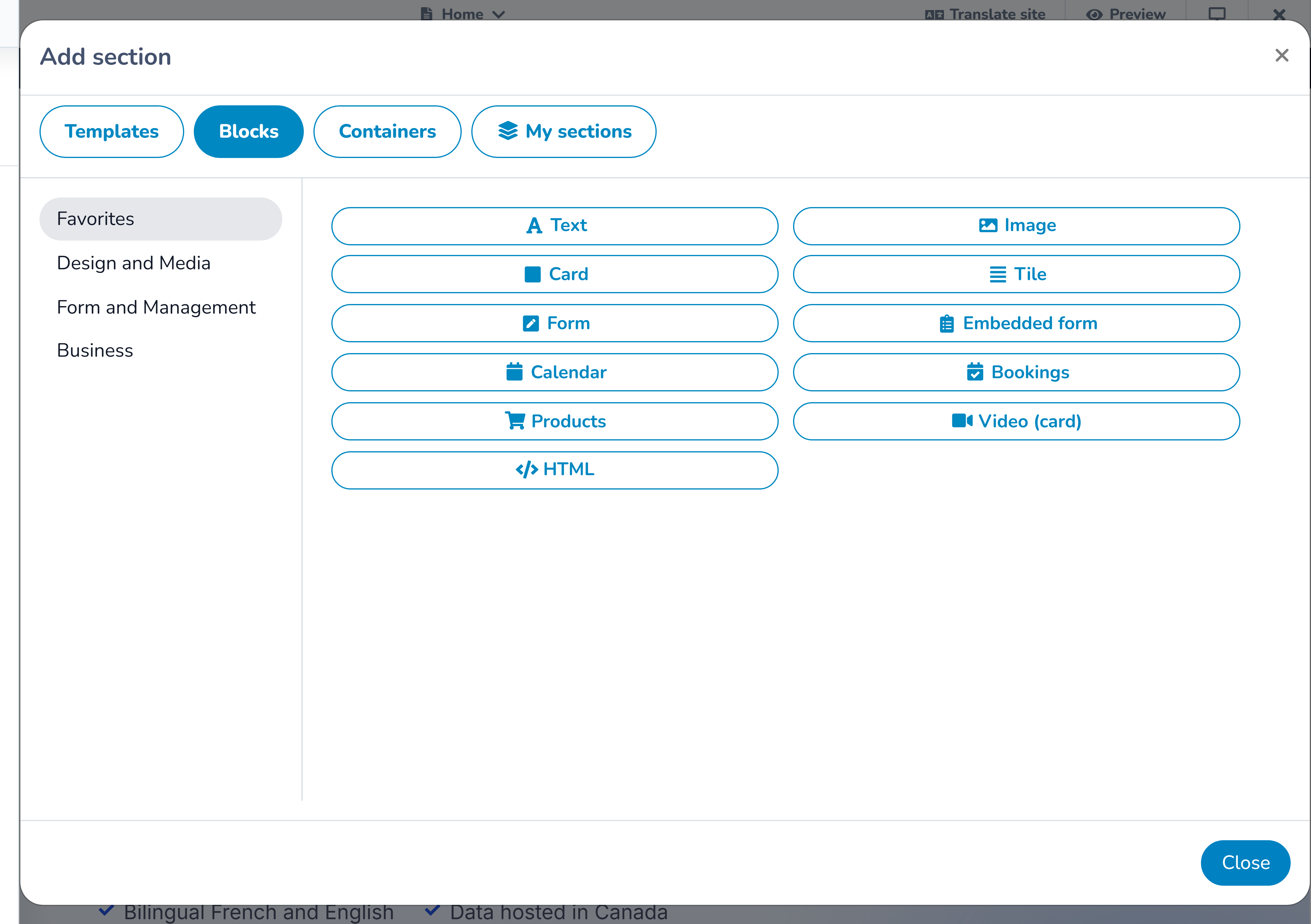 Block library with form, booking, product, calendar, and media integrations
