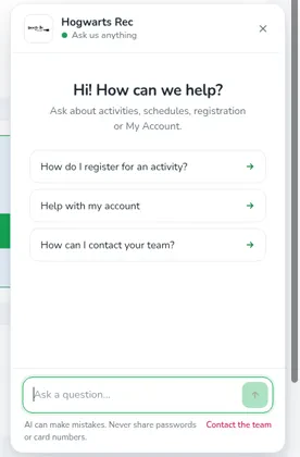 Chat welcome with three starter questions and Contact the team beside the privacy line