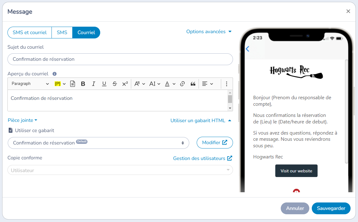 Envoyer un courriel/SMS de confirmation suite à la réservation d'un plateau dans Amilia — illustration