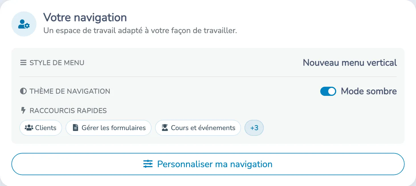 Carte Votre navigation du tableau de bord avec le style de menu, le mode sombre et le bouton de personnalisation