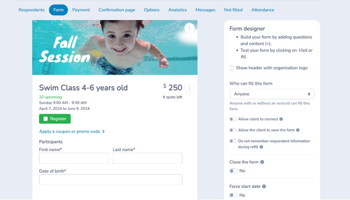 Swim Lesson registration form example for your swim school website
