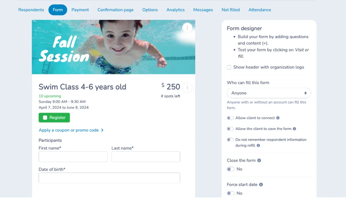 Swim Lesson registration form example for your swim school website