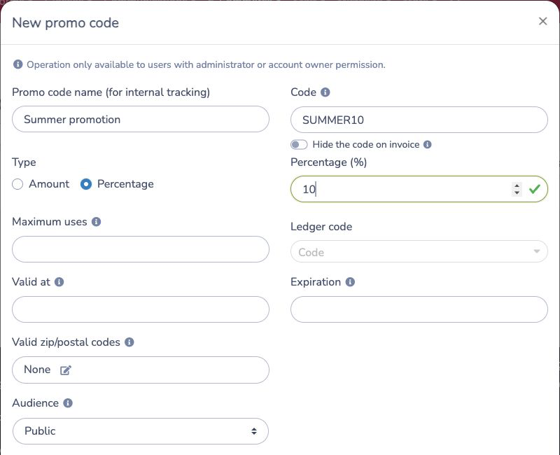 Configure the name, code, discount, dates, audience, and limits