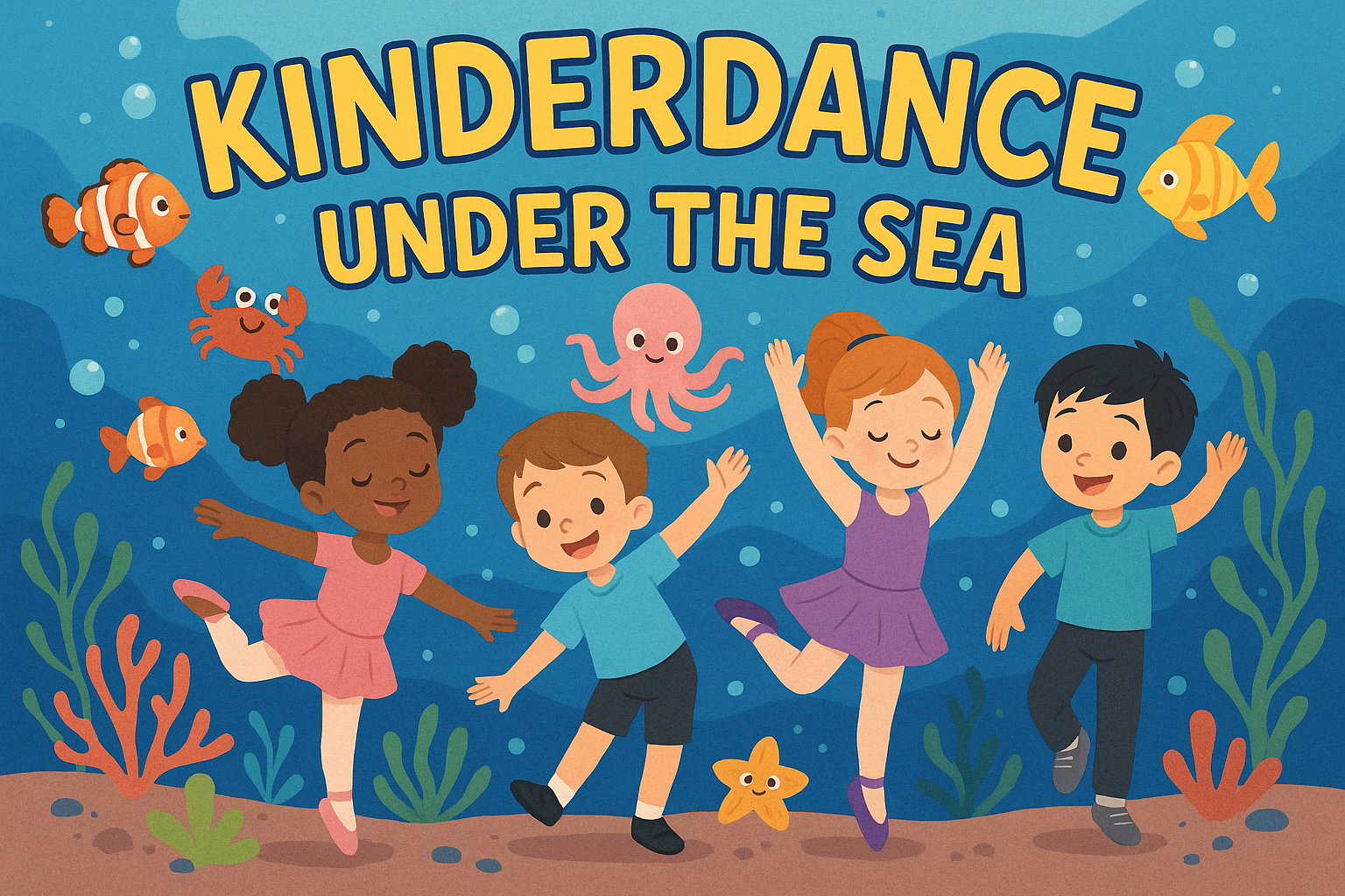Kids dancing under the sea text " Kinderdance Under the Sea"